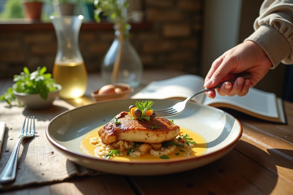 Plat artisanal de poulet au vin jaune sur table en bois