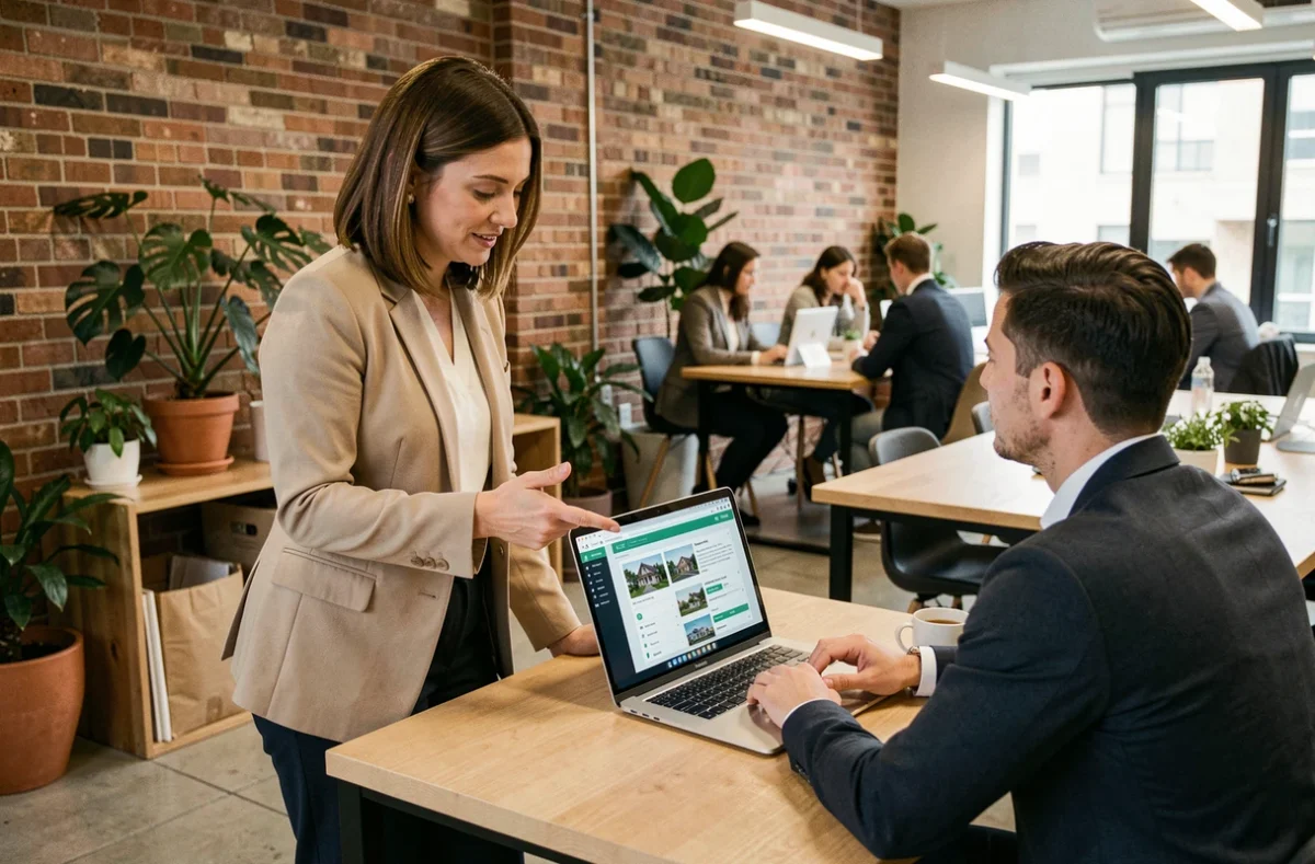 Femme investisseuse présentant une plateforme immobilière en ligne à un collègue dans un espace de coworking contemporain