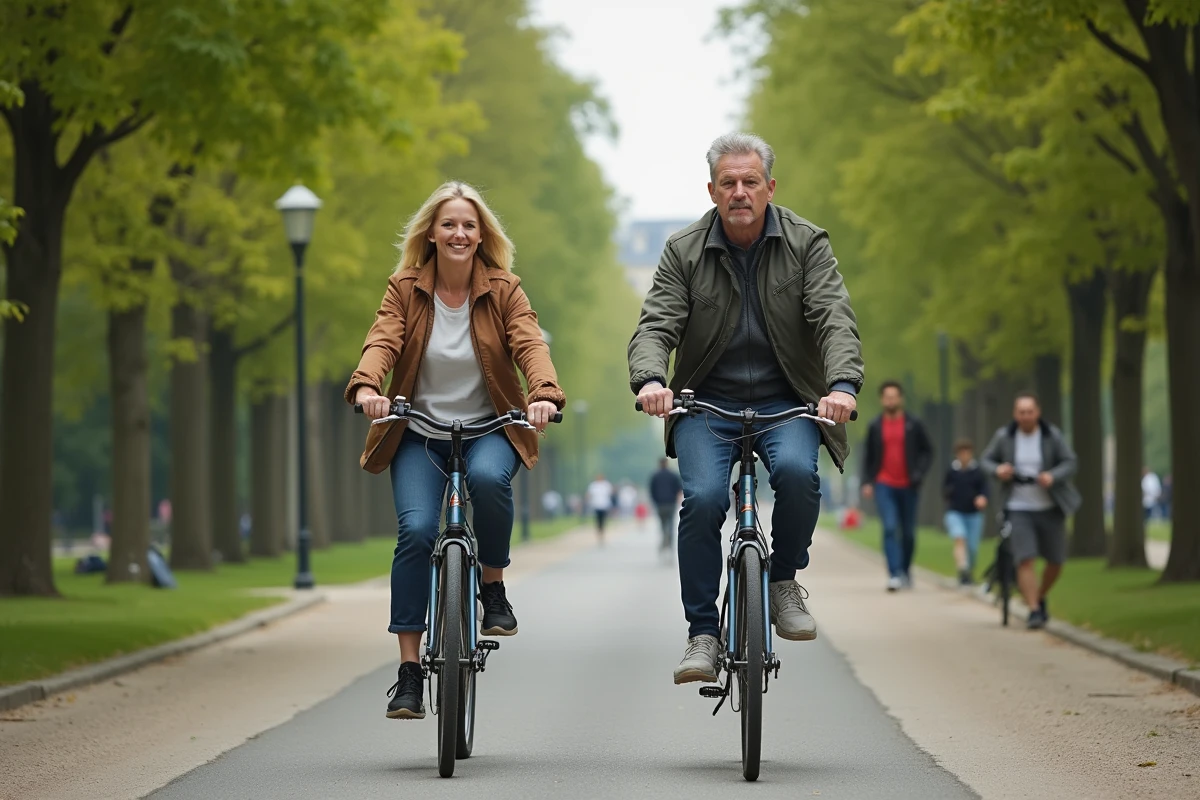 Couple à vélo dans le parc des Buttes Chaumont