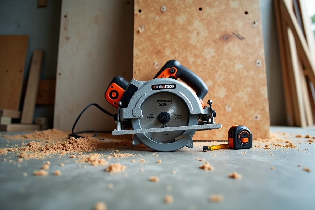 Scie circulaire Black & Decker CD601 posée dans un atelier avec des accessoires de bricolage sur sol en béton