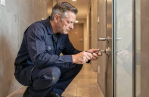 Serrurier professionnel insérant une clé ISEO dans une serrure haute sécurité sur une porte d'appartement moderne