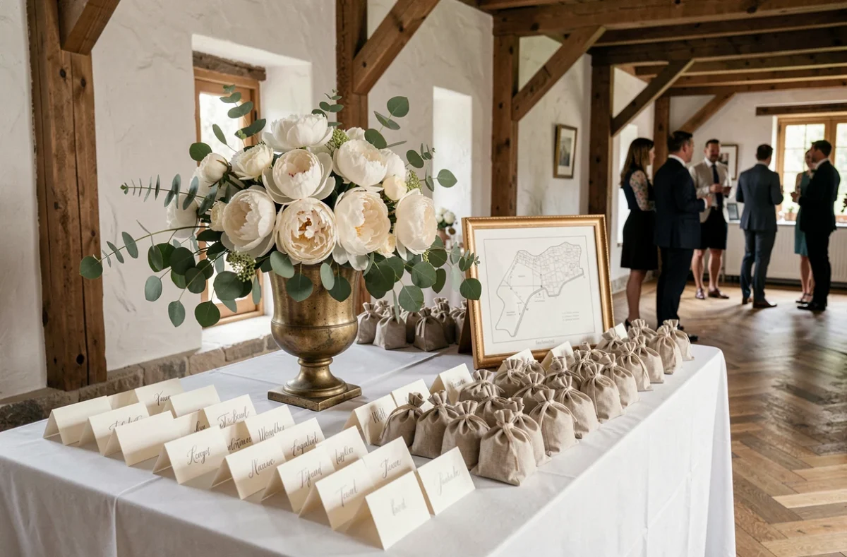 Table d'accueil décorée pour un mariage avec cartons de placement calligraphiés, fleurs en pivoines et cadeaux personnalisés pour les invités