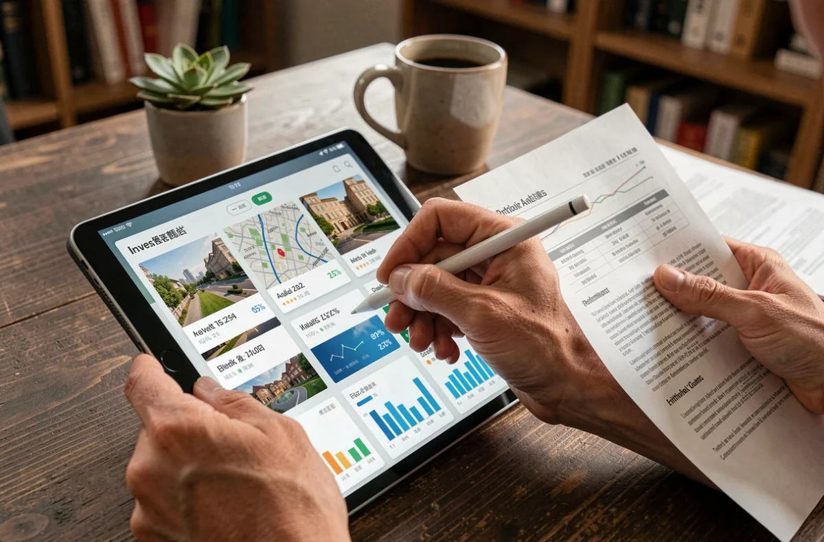 Mains d'un investisseur utilisant une tablette avec tableau de bord de placements immobiliers et rapport imprimé sur un bureau en bois