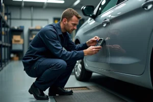 Technicien automobile inspectant le mécanisme de verrouillage de la portière d'une Peugeot 308 dans un garage de réparation