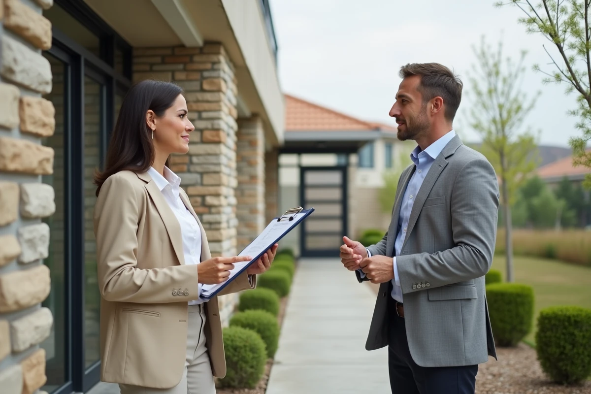 Professionnelle de l'immobilier accompagnant un client lors d'une visite d'un bien résidentiel neuf en extérieur